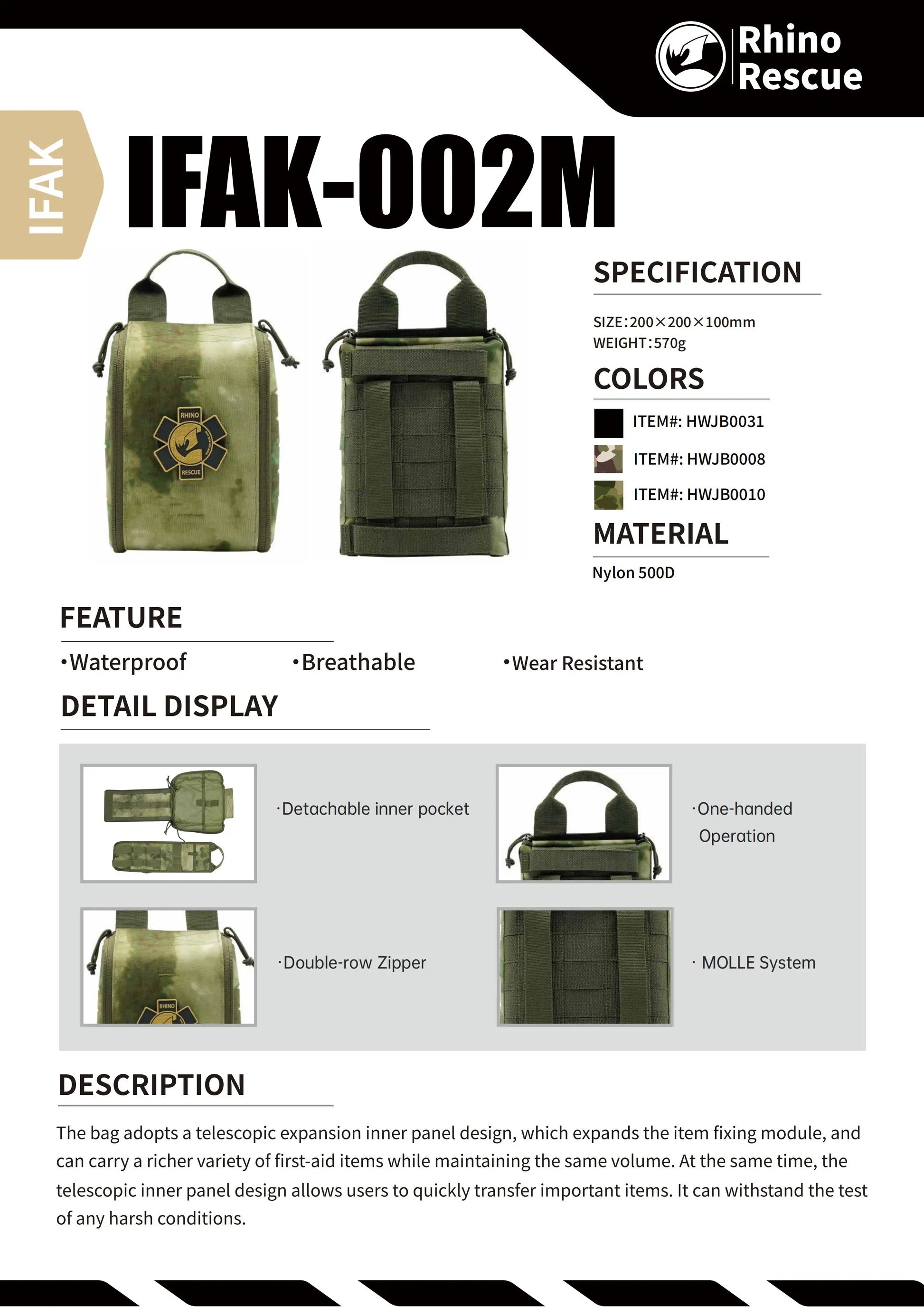 Rhino Rescue 002M First Aid Kit Camping IFAK Pouch With Molle,Survival Pouch For Camping Hiking And Fishing Outdoor Hiking Kit