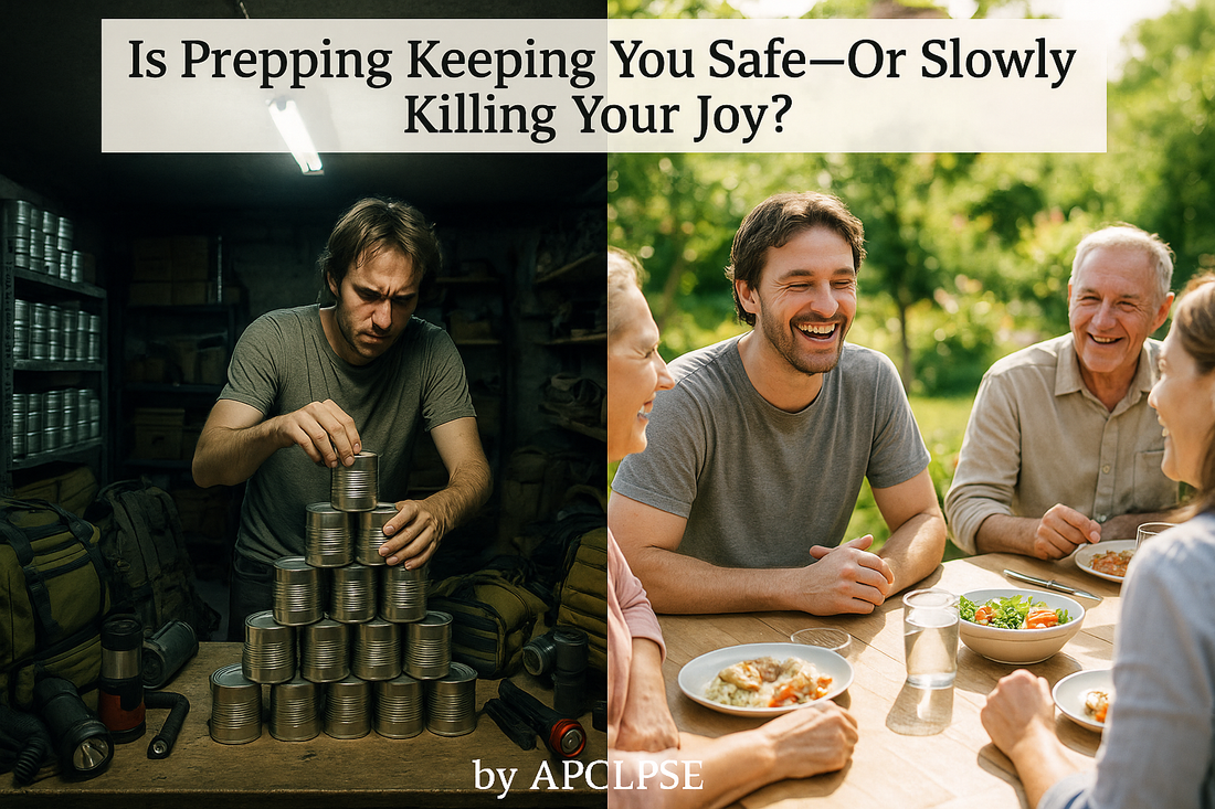 Split image showing a solitary prepper stacking canned food in a dark bunker, contrasted with a joyful family sharing a meal outdoors—highlighting the emotional cost of survivalism.