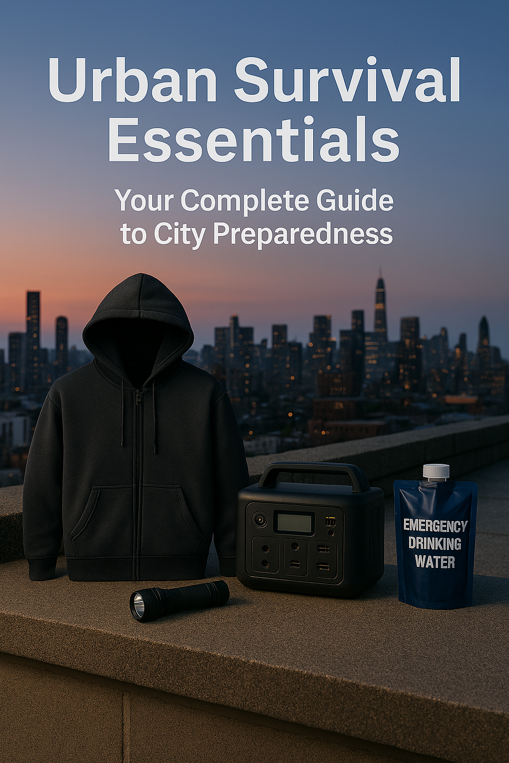 Urban survival gear on rooftop at dusk with city skyline—hoodie, power station, flashlight, and emergency water pouch.