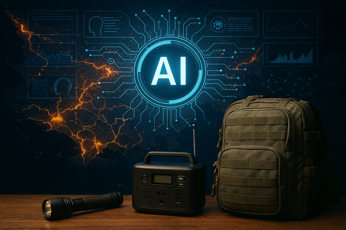 AI interface over disaster map with survival gear—flashlight, radio, and tactical backpack.