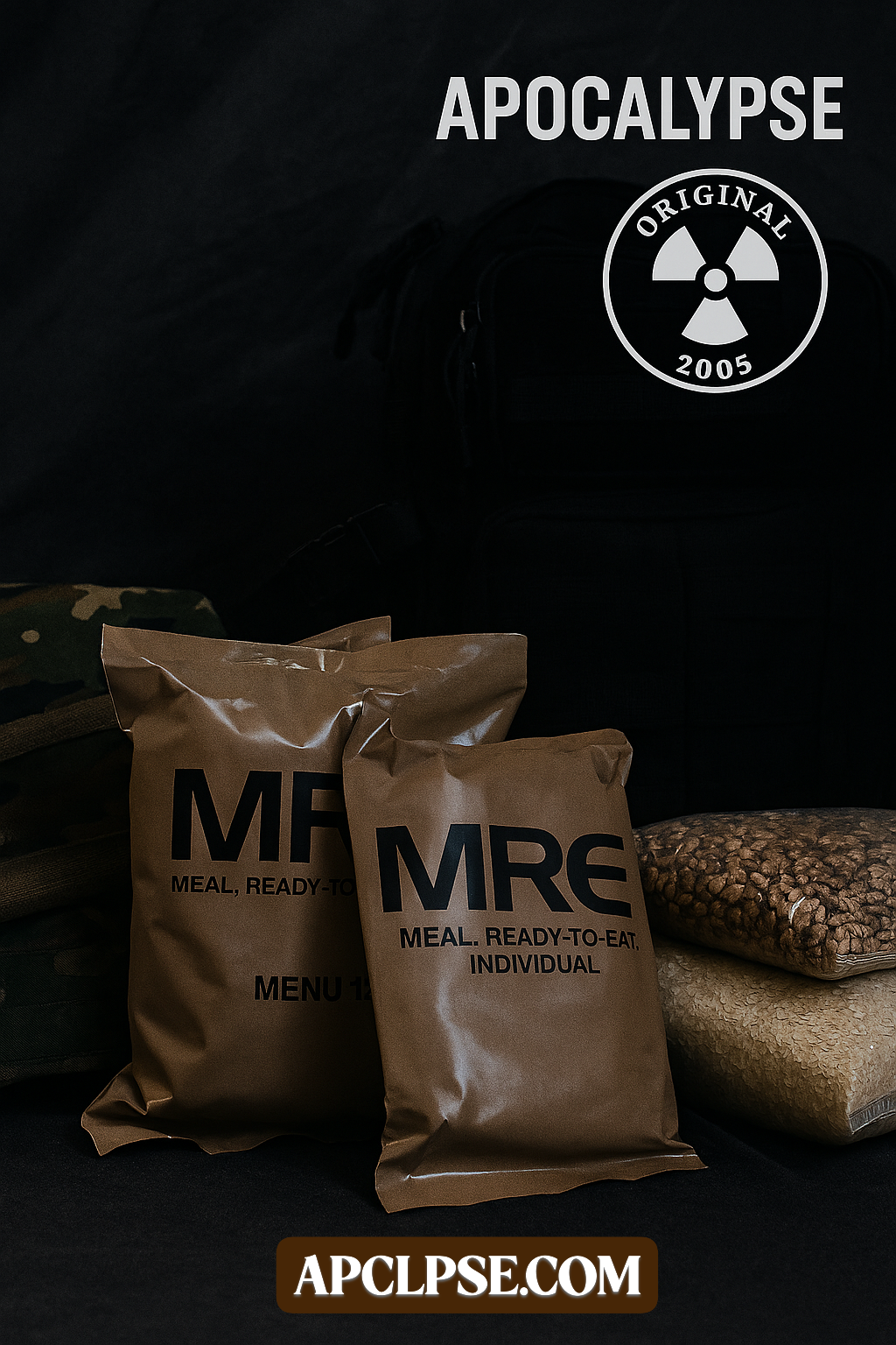 Military-style MRE food rations with grain sacks and camouflage gear, branded with APCLPSE® for emergency preparedness.