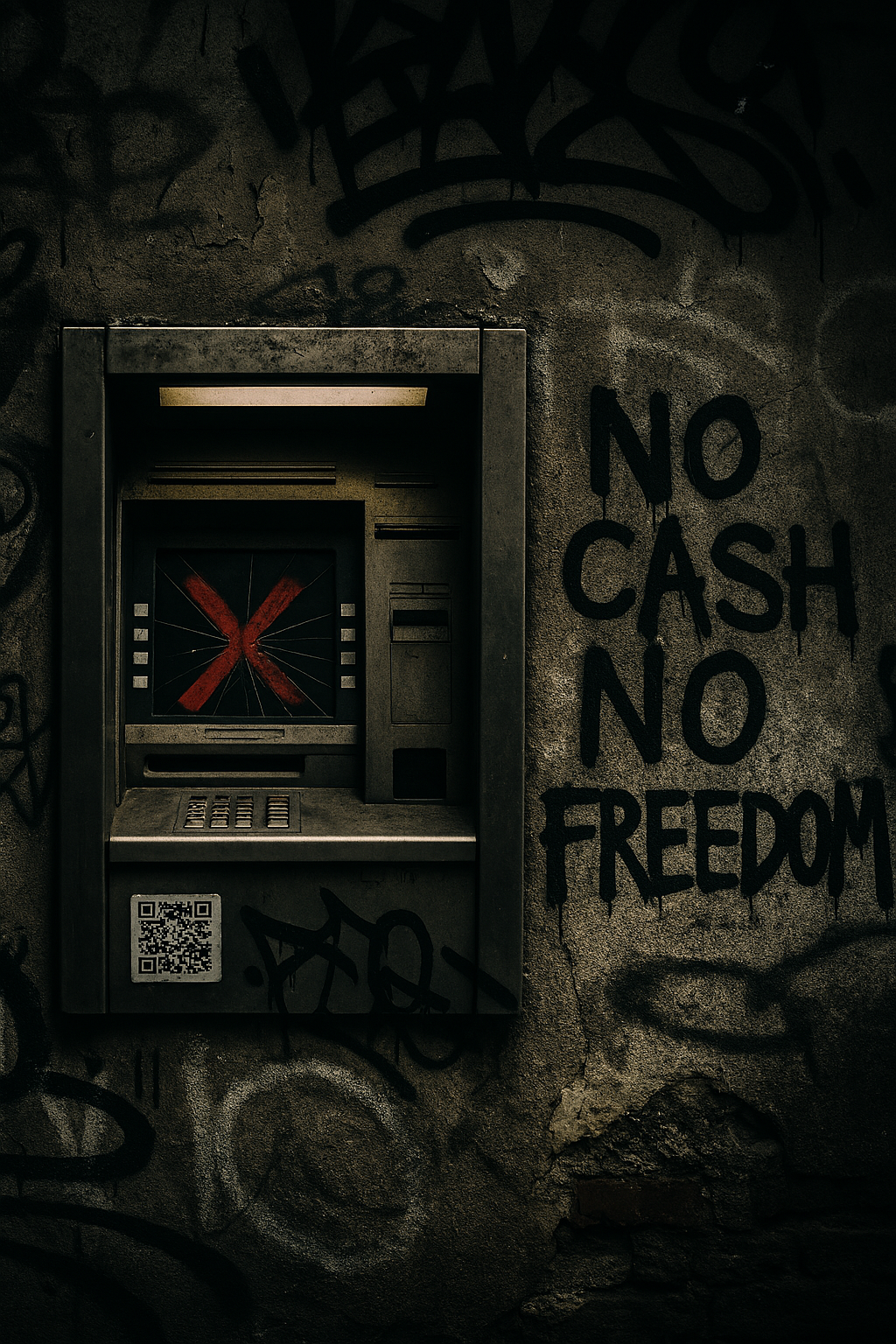 Vandalized ATM with red X and graffiti message ‘NO CASH NO FREEDOM’—symbol of resistance in a cashless society.