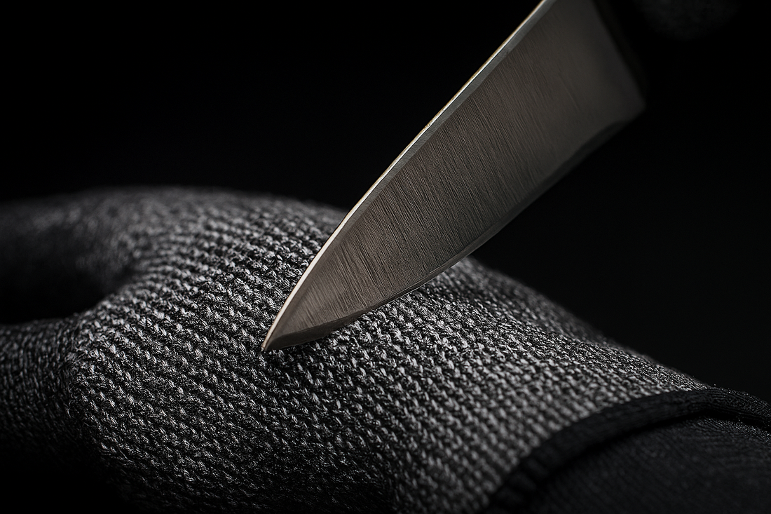 Knife blade pressing against HPPE cut-resistant fabric held by tactical glove
