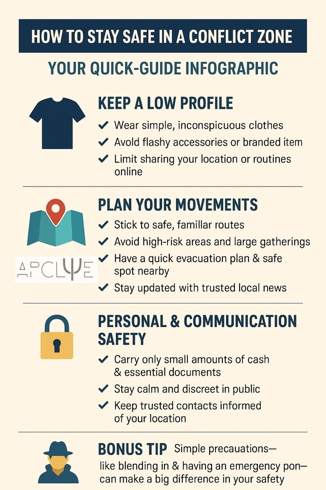 Infographic showing tactical safety tips for surviving in a conflict zone, including low profile strategies, movement planning, and communication safety