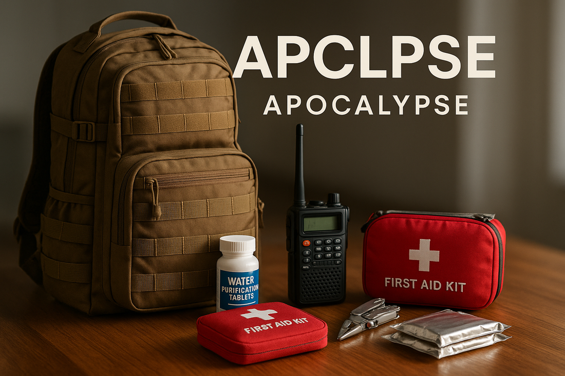 Tactical survival gear including first aid kits, water purification tablets, radio, and military-style backpack, representing APCLPSE’s urban apocalypse preparedness.