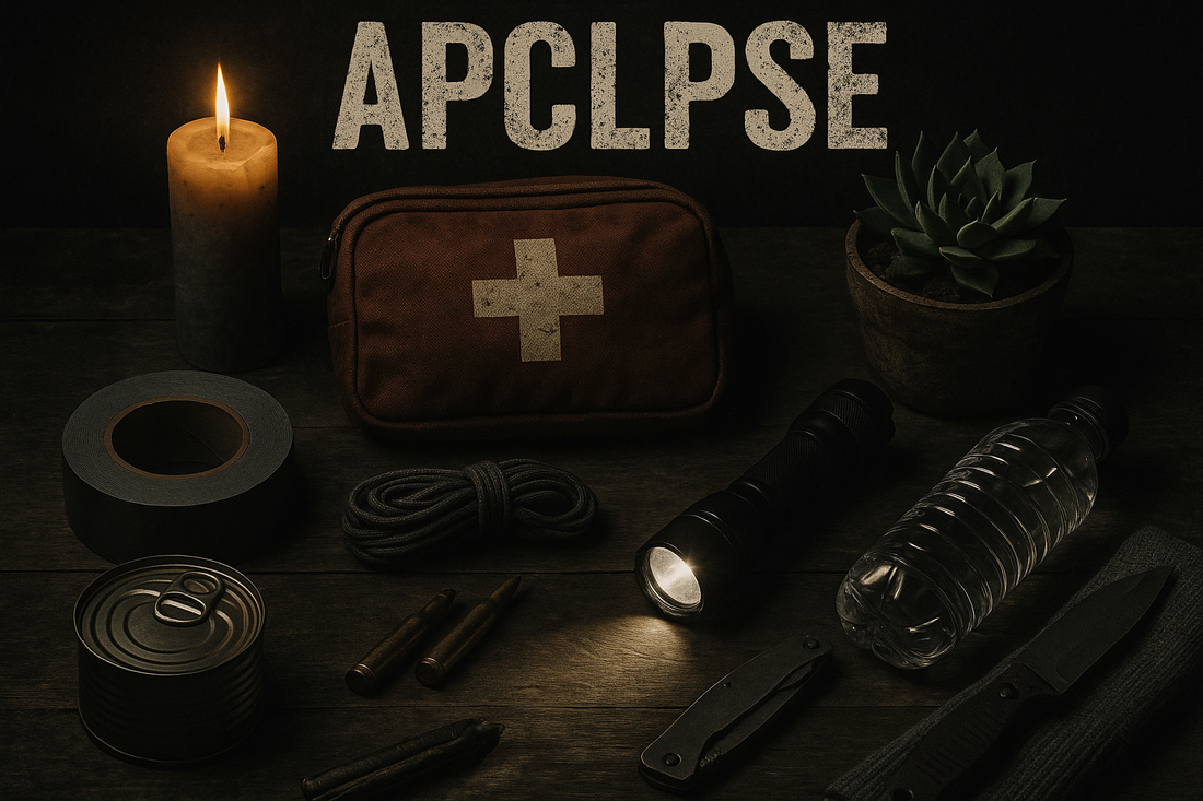 Flat lay of 10 budget-friendly household essentials—like duct tape, flashlight, batteries, and canned food—arranged neatly on a kitchen counter, emphasizing affordable preparedness.