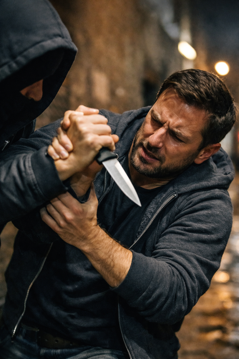  Person wearing protective anti-cut clothing in defensive stance for knife attack protection