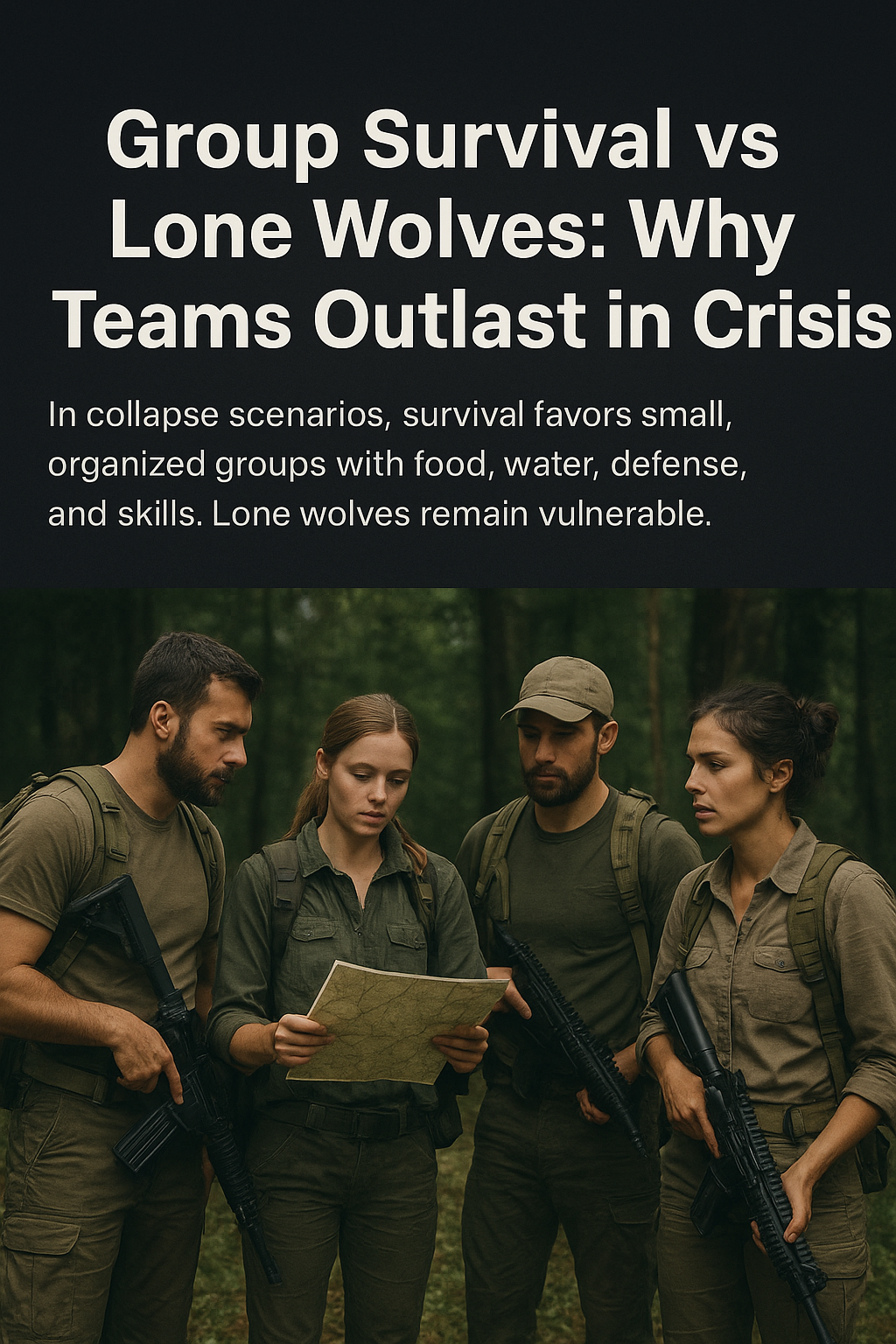 Prepper survival group in forest gathering food and water, defending camp, teamwork for crisis preparedness.