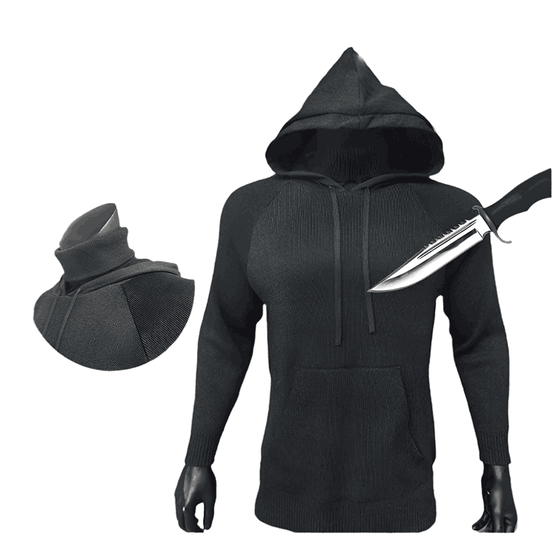 APCLPSE tactical hoodie with neck protection under blade pressure, close-up on protective textile