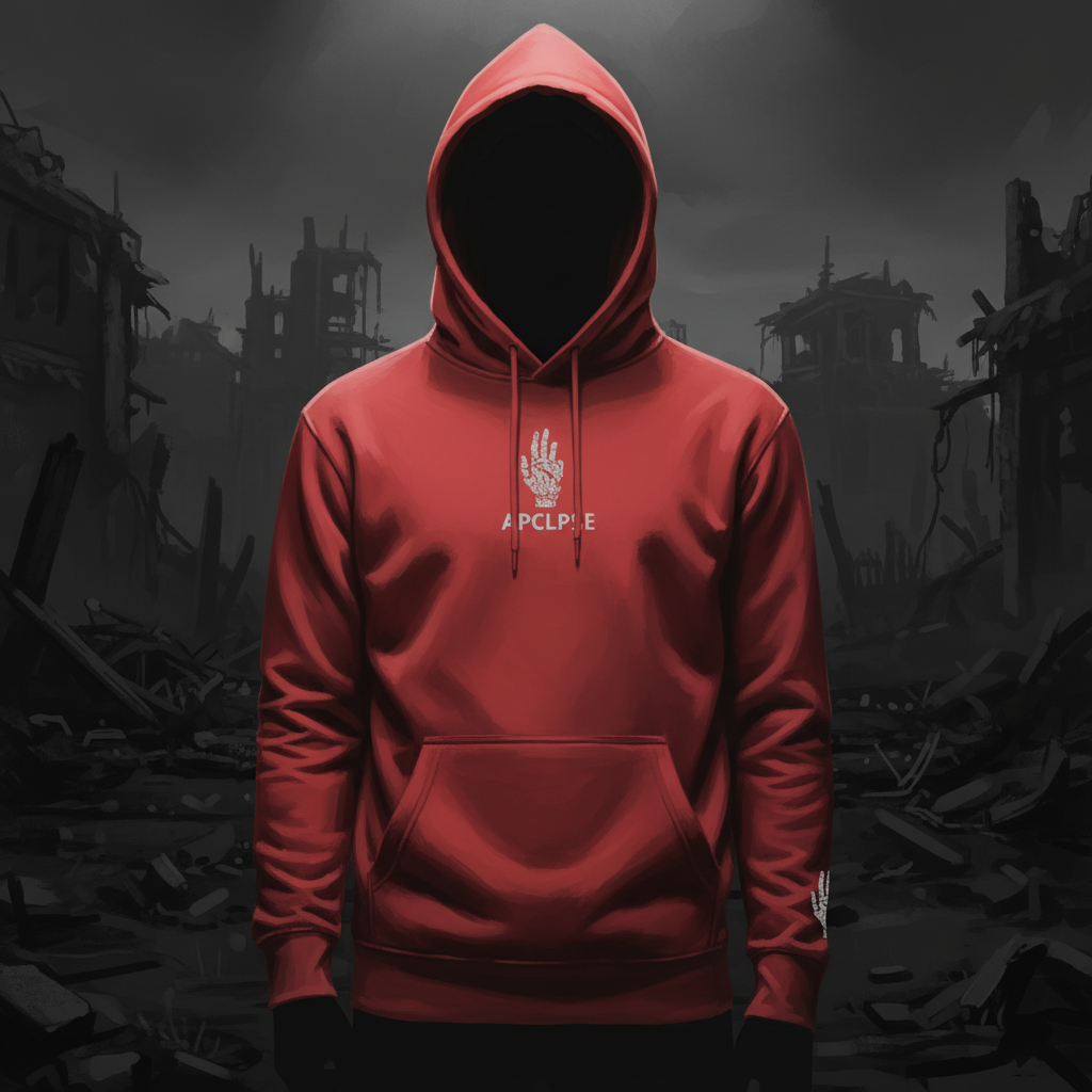 Green APCLPSE hoodie with skeletal hand print and logo, spotlighted against dark brick wall