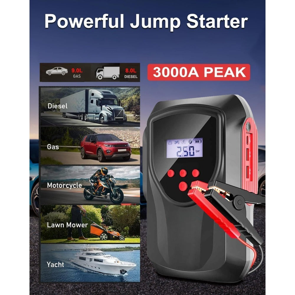 Car Battery Starter With Air Compressor, 3000A 150PSI Portable Car Battery Starter12V Battery Charger Booster Box Car With LCD Display, LED Light, USB QC3.0