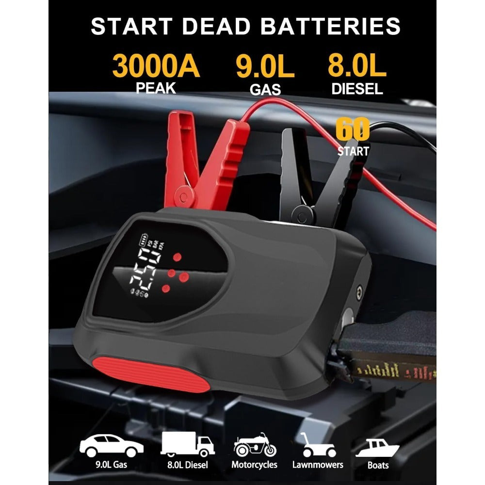 Car Battery Starter With Air Compressor, 3000A 150PSI Portable Car Battery Starter12V Battery Charger Booster Box Car With LCD Display, LED Light, USB QC3.0