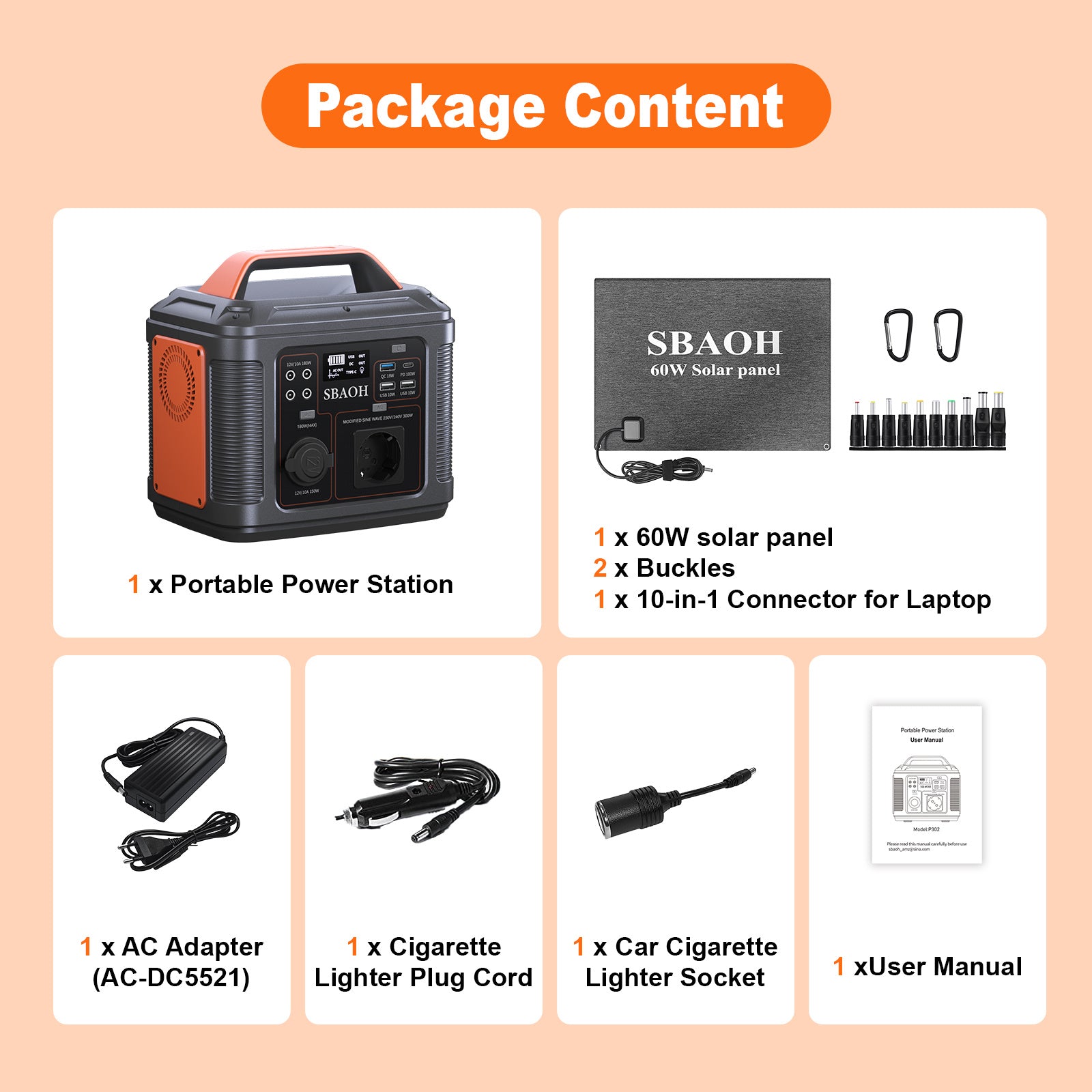 SBAOH 300W Portable Power Station with Solar Panel - 296Wh Battery