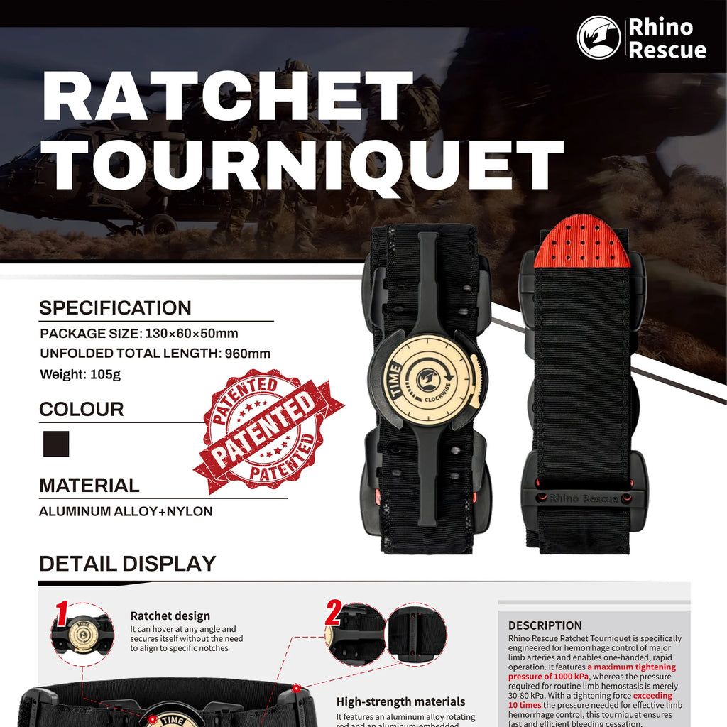 RHINO RESCUE Ratchet Tourniquet Rapid Application Emergency Device IFAK Kit Outdoor Hiking Camping Survival Prep Essentials